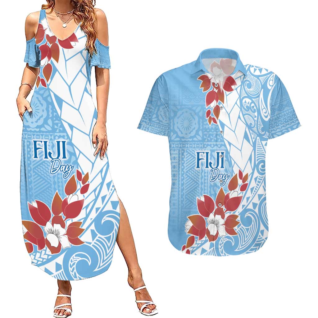 Bula Fiji Day Couples Matching Summer Maxi Dress and Hawaiian Shirt Tagimaucia on Masi Pattern - Turquoise