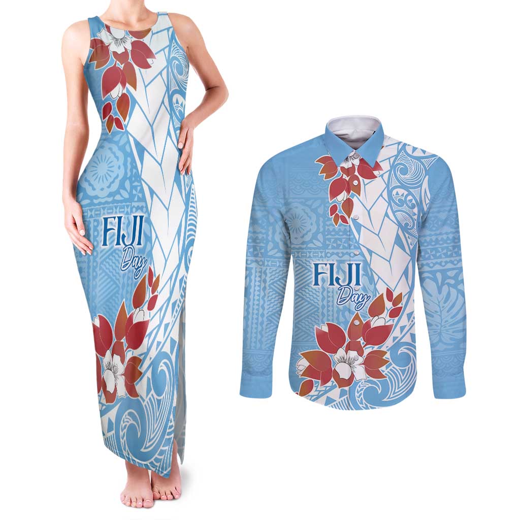 Bula Fiji Day Couples Matching Tank Maxi Dress and Long Sleeve Button Shirt Tagimaucia on Masi Pattern - Turquoise