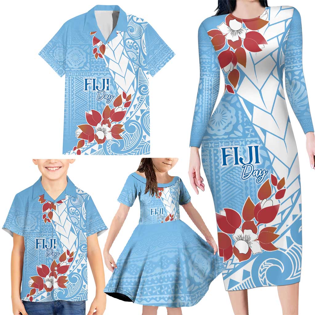 Bula Fiji Day Family Matching Long Sleeve Bodycon Dress and Hawaiian Shirt Tagimaucia on Masi Pattern - Turquoise