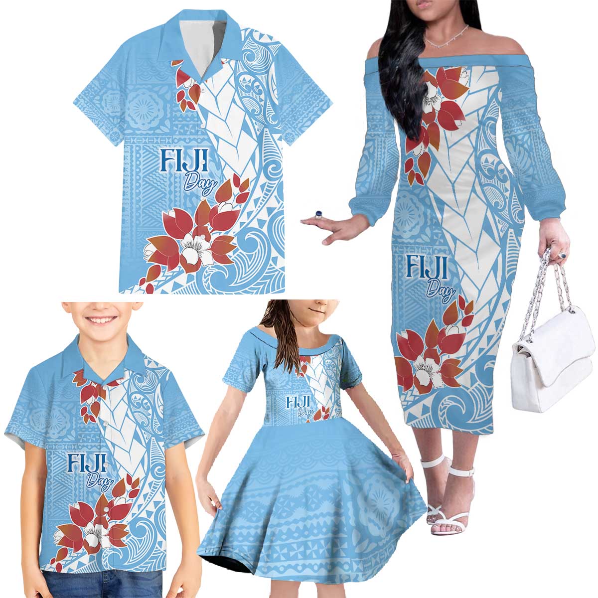 Bula Fiji Day Family Matching Off The Shoulder Long Sleeve Dress and Hawaiian Shirt Tagimaucia on Masi Pattern - Turquoise