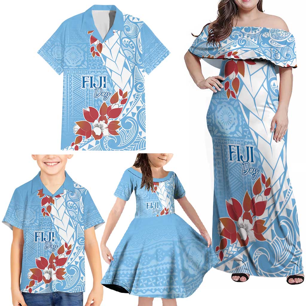 Bula Fiji Day Family Matching Off Shoulder Maxi Dress and Hawaiian Shirt Tagimaucia on Masi Pattern - Turquoise