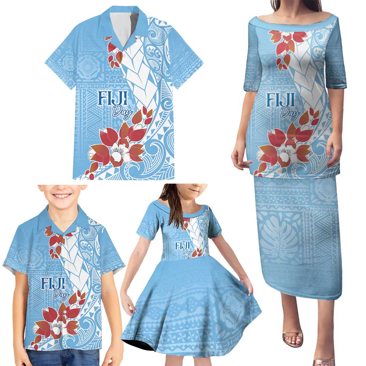 Bula Fiji Day Family Matching Puletasi and Hawaiian Shirt Tagimaucia on Masi Pattern - Turquoise