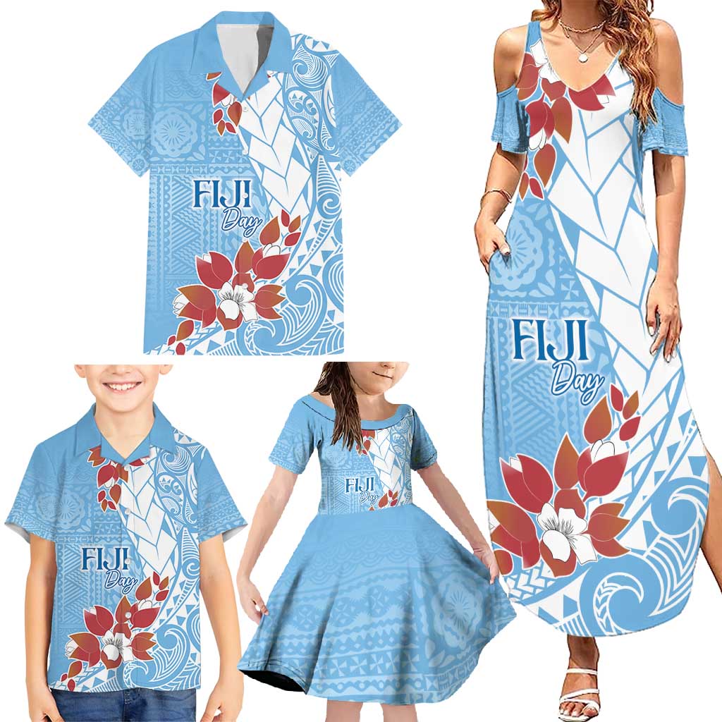 Bula Fiji Day Family Matching Summer Maxi Dress and Hawaiian Shirt Tagimaucia on Masi Pattern - Turquoise