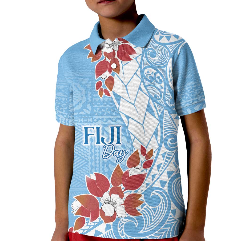 Bula Fiji Day Kid Polo Shirt Tagimaucia on Masi Pattern - Turquoise