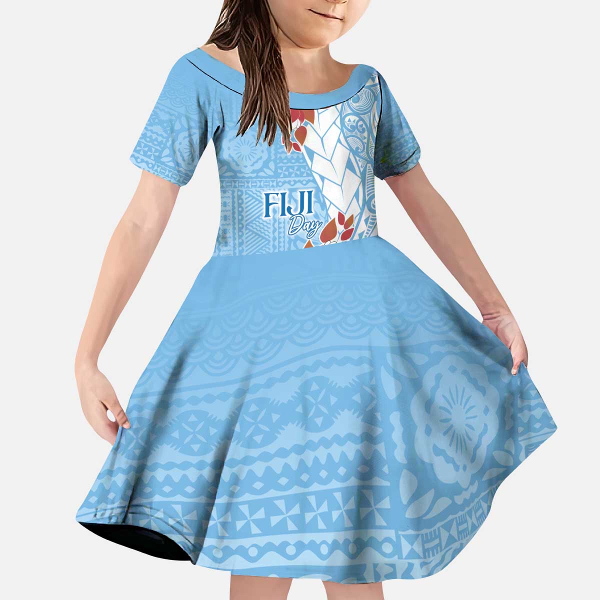 Bula Fiji Day Kid Short Sleeve Dress Tagimaucia on Masi Pattern - Turquoise