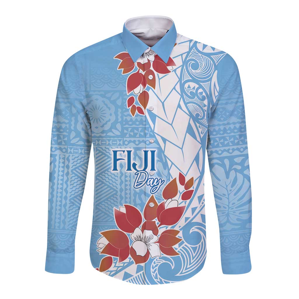 Bula Fiji Day Long Sleeve Button Shirt Tagimaucia on Masi Pattern - Turquoise