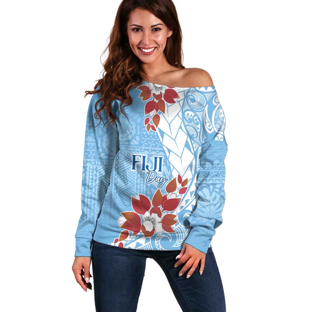 Bula Fiji Day Off Shoulder Sweater Tagimaucia on Masi Pattern - Turquoise