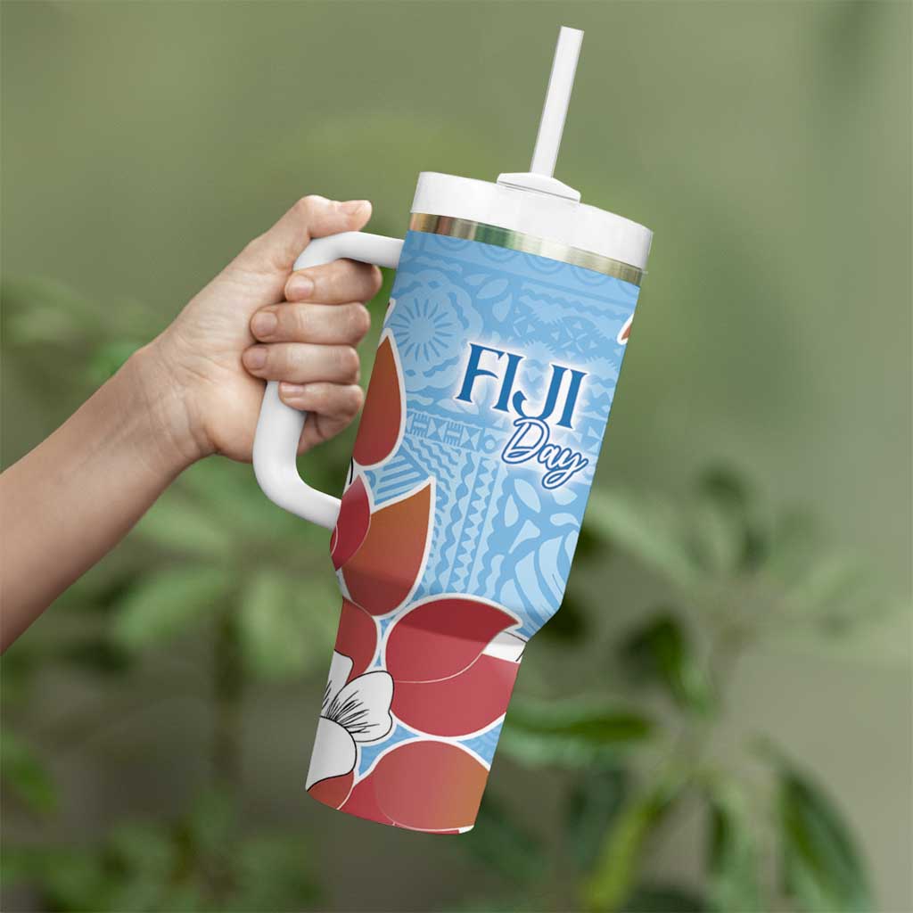 Bula Fiji Day Tumbler With Handle Tagimaucia on Masi Pattern - Turquoise LT7 - Polynesian Pride