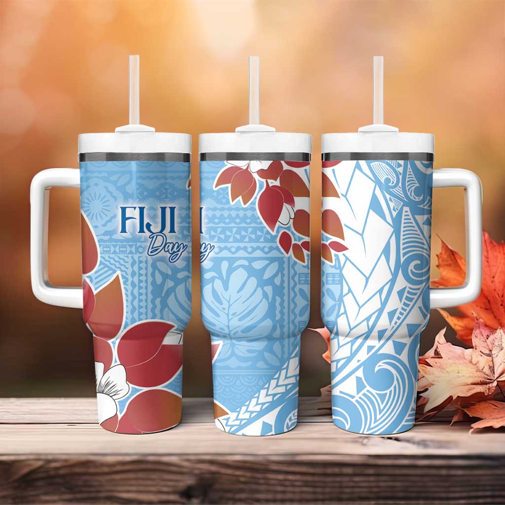 Bula Fiji Day Tumbler With Handle Tagimaucia on Masi Pattern - Turquoise LT7 - Polynesian Pride