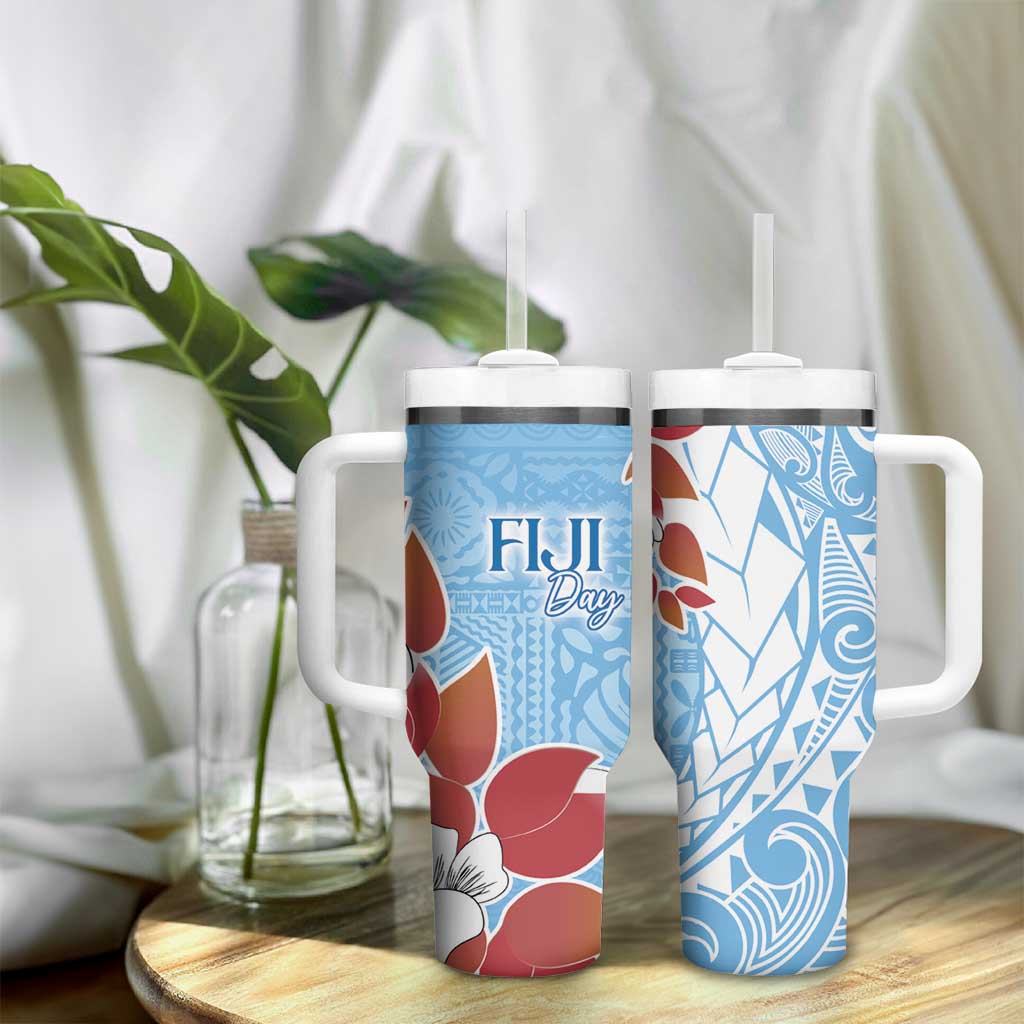Bula Fiji Day Tumbler With Handle Tagimaucia on Masi Pattern - Turquoise LT7 - Polynesian Pride