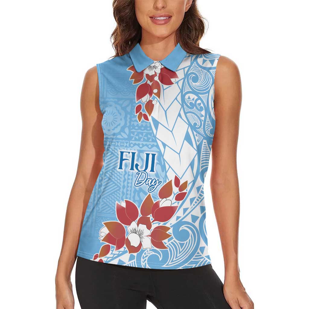 Bula Fiji Day Women Sleeveless Polo Shirt Tagimaucia on Masi Pattern - Turquoise