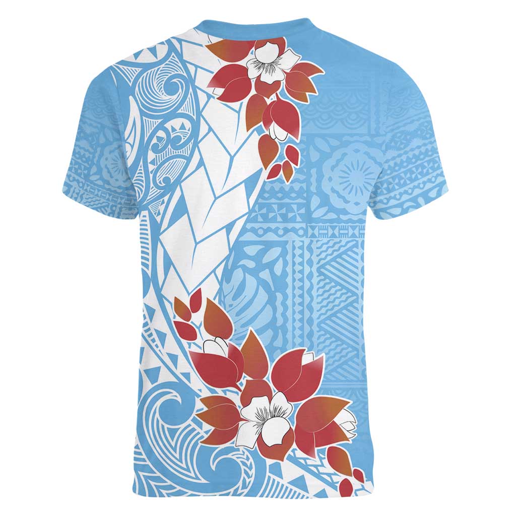 Bula Fiji Day Women V-Neck T-Shirt Tagimaucia on Masi Pattern - Turquoise