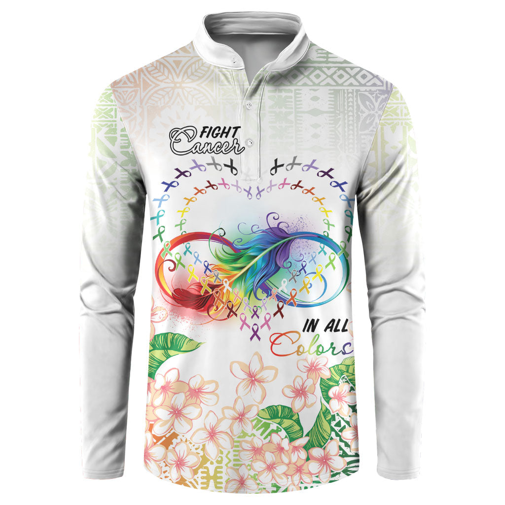 Fight Cancer In All Colors Button Sweatshirt Plumeria Mix Tapa Pattern LT7 White - Polynesian Pride