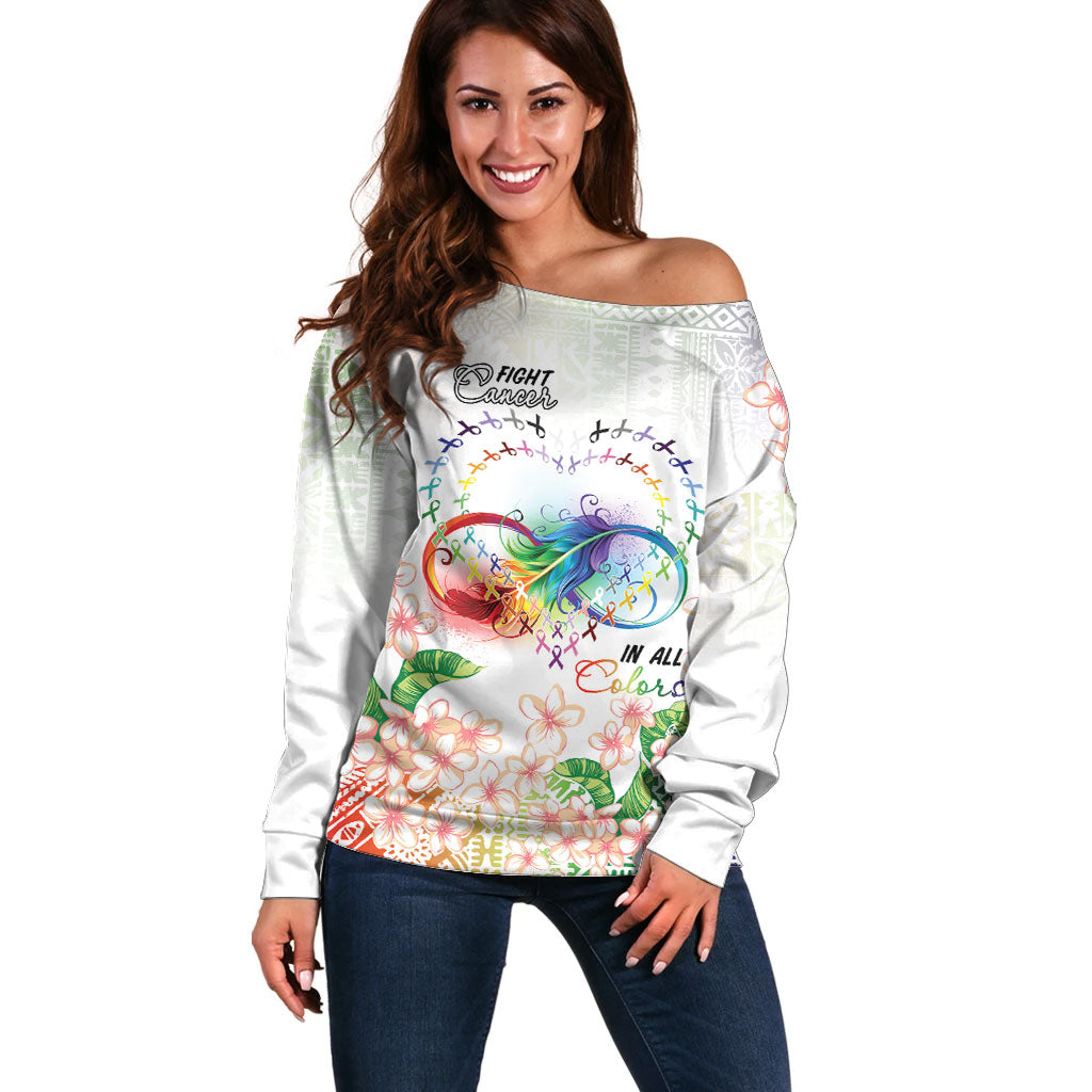 Fight Cancer In All Colors Off Shoulder Sweater Plumeria Mix Tapa Pattern
