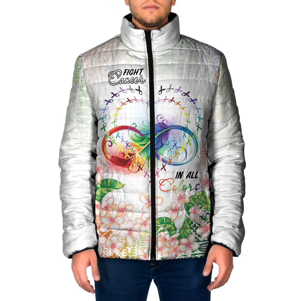 Fight Cancer In All Colors Padded Jacket Plumeria Mix Tapa Pattern LT7 Men White - Polynesian Pride