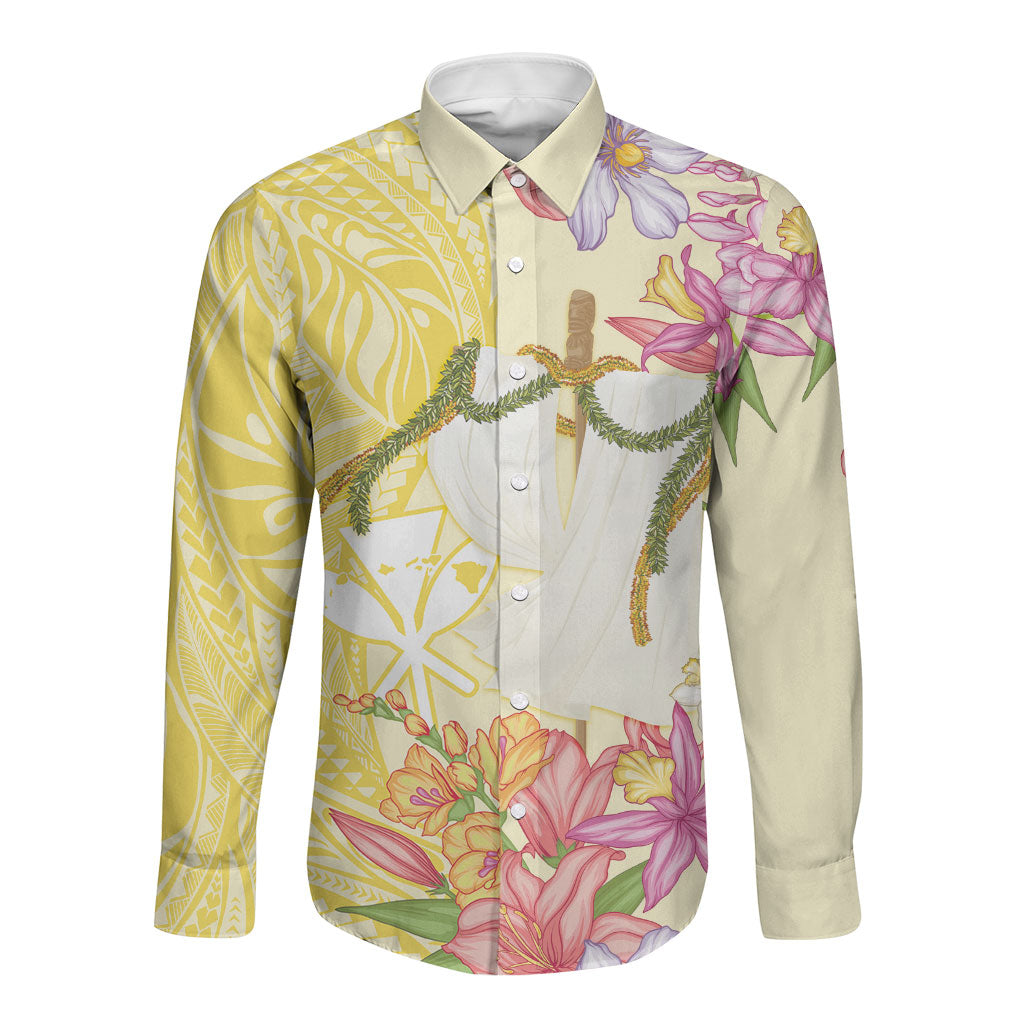 Aloha Hawaii Kanaka Makahiki Long Sleeve Button Shirt Akua Loa - Festive Golden Sand LT7 Unisex Sandy Yellow - Polynesian Pride