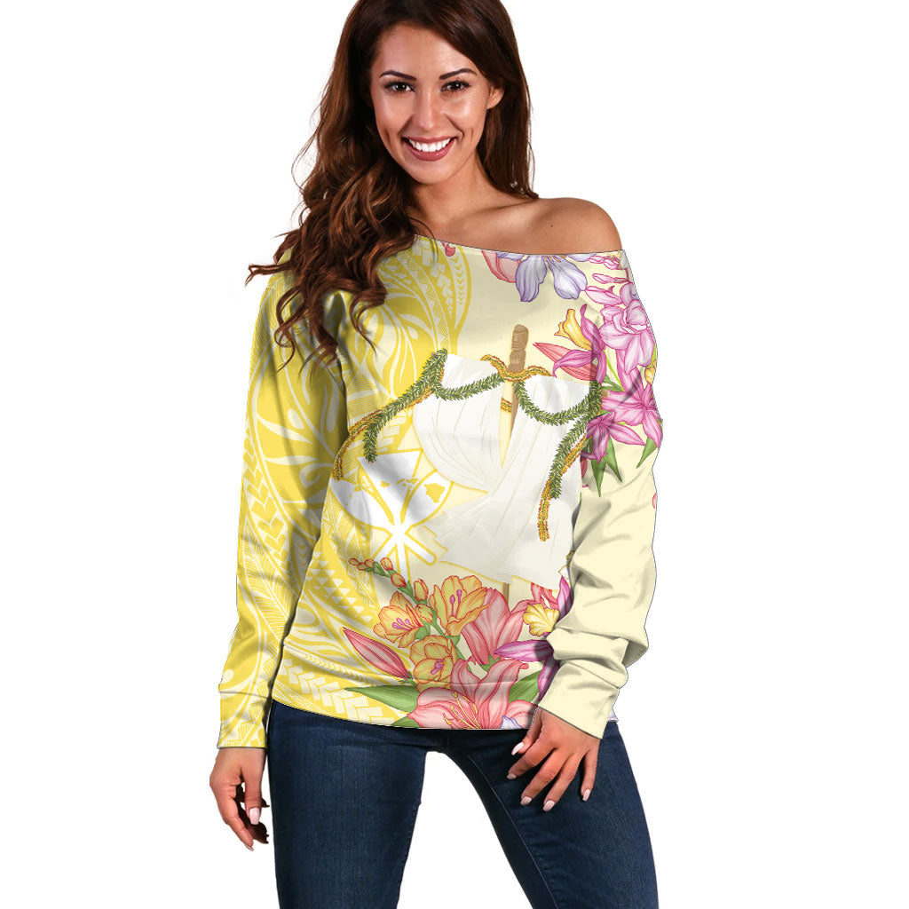 Aloha Hawaii Kanaka Makahiki Off Shoulder Sweater Akua Loa - Festive Golden Sand LT7 Women Sandy Yellow - Polynesian Pride
