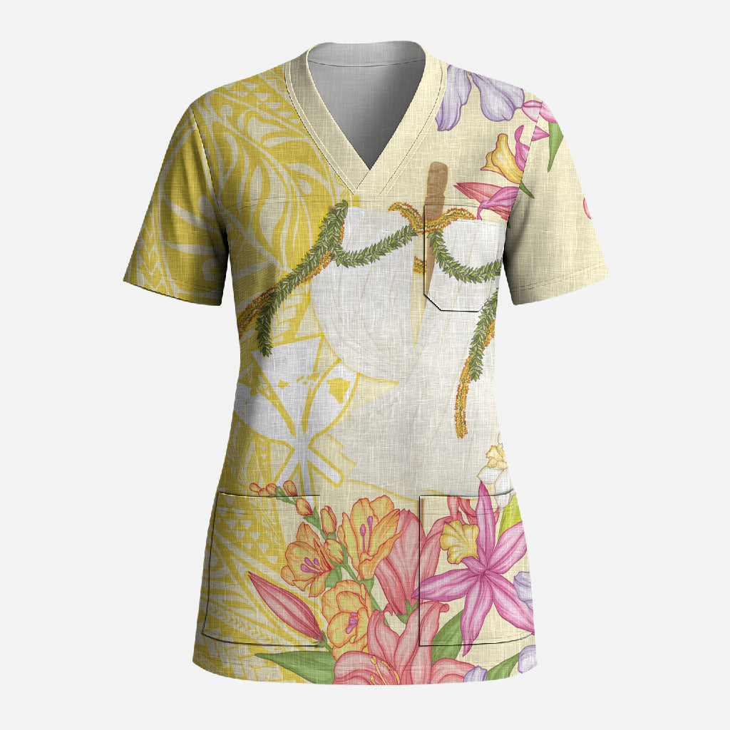 Aloha Hawaii Kanaka Makahiki Scrub Top Akua Loa - Festive Golden Sand LT7 Adult Sandy Yellow - Polynesian Pride