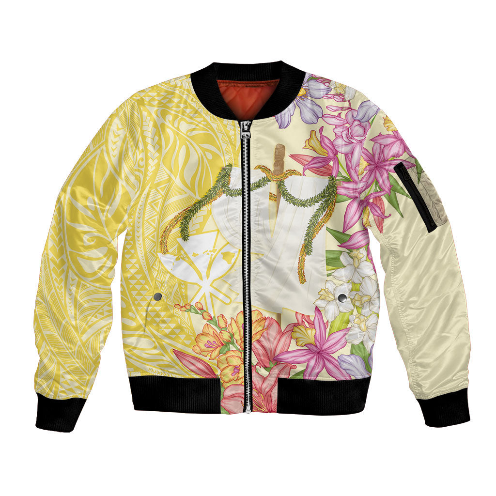Aloha Hawaii Kanaka Makahiki Sleeve Zip Bomber Jacket Akua Loa - Festive Golden Sand LT7 Unisex Sandy Yellow - Polynesian Pride
