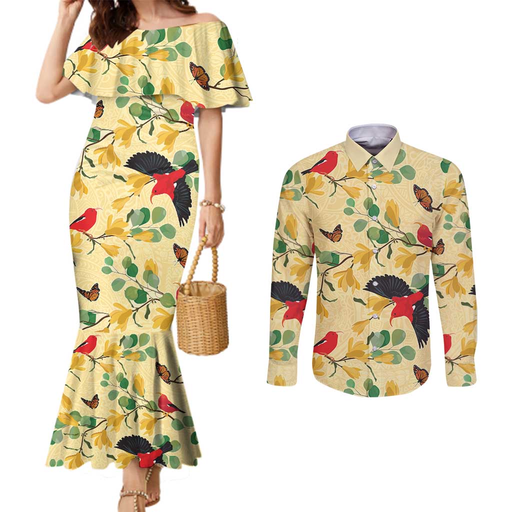 Aloha Hawaii Couples Matching Mermaid Dress and Long Sleeve Button Shirt I'iwi on Mamane Pastel Cream