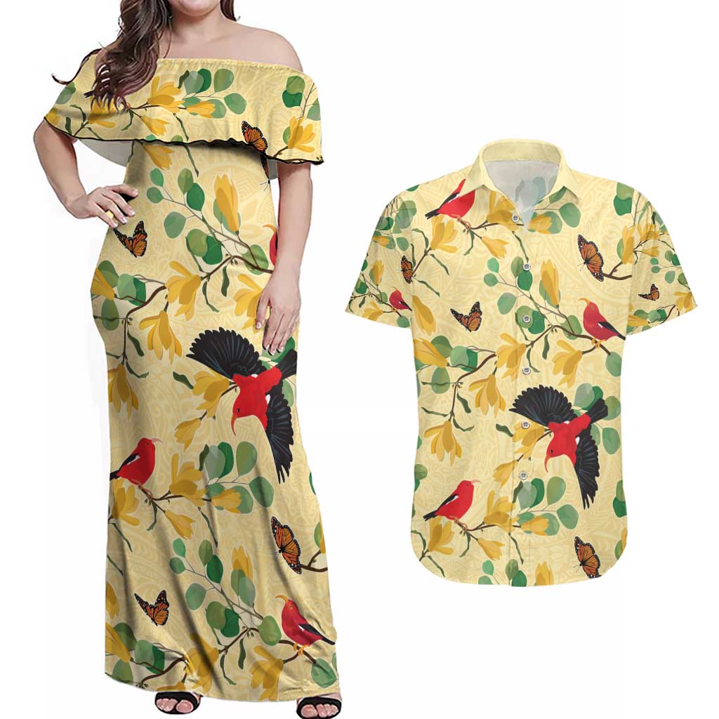 Aloha Hawaii Couples Matching Off Shoulder Maxi Dress and Hawaiian Shirt I'iwi on Mamane Pastel Cream