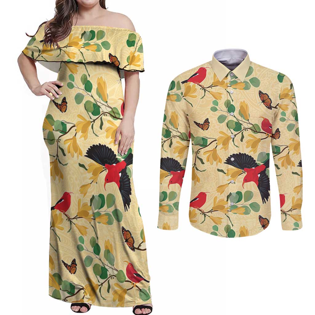 Aloha Hawaii Couples Matching Off Shoulder Maxi Dress and Long Sleeve Button Shirt I'iwi on Mamane Pastel Cream