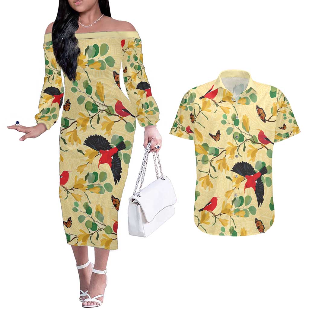 Aloha Hawaii Couples Matching Off The Shoulder Long Sleeve Dress and Hawaiian Shirt I'iwi on Mamane Pastel Cream