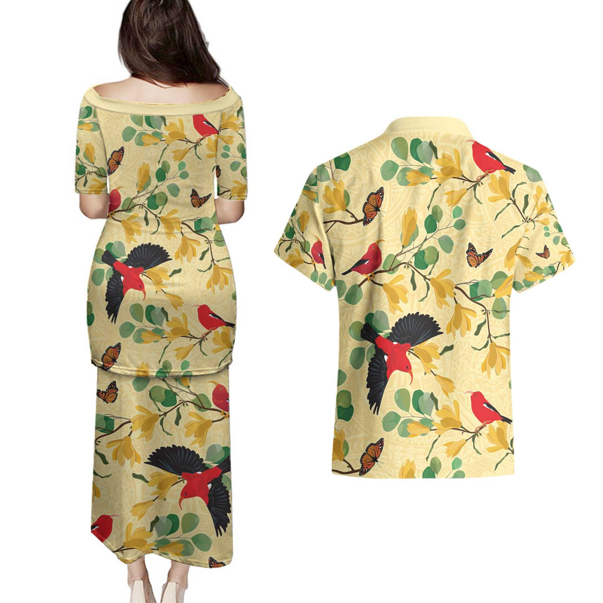 Aloha Hawaii Couples Matching Puletasi and Hawaiian Shirt I'iwi on Mamane Pastel Cream