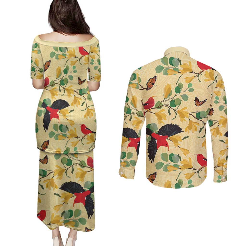 Aloha Hawaii Couples Matching Puletasi and Long Sleeve Button Shirt I'iwi on Mamane Pastel Cream