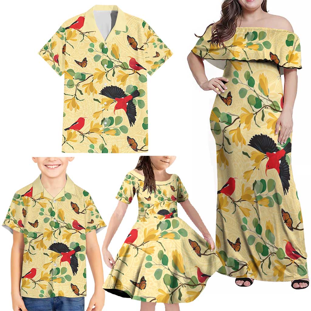 Aloha Hawaii Family Matching Off Shoulder Maxi Dress and Hawaiian Shirt I'iwi on Mamane Pastel Cream