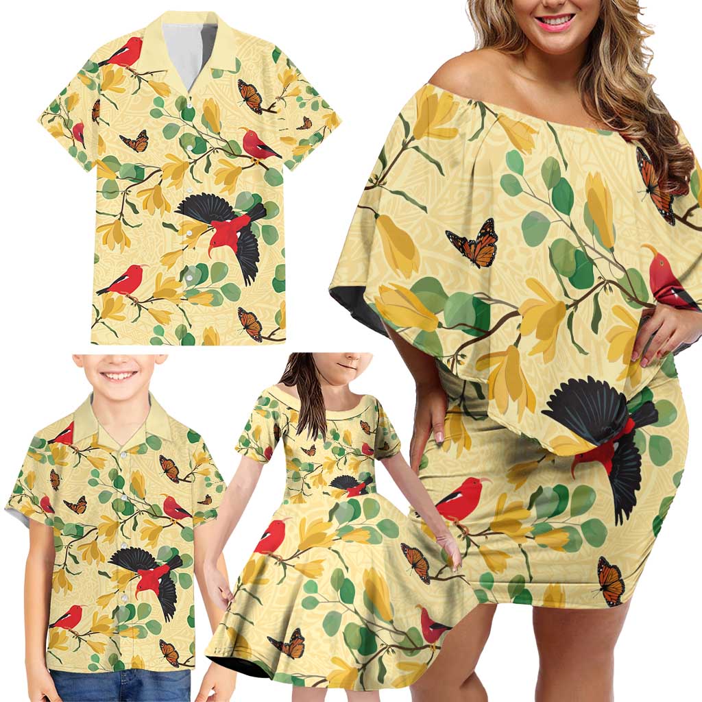 Aloha Hawaii Family Matching Off Shoulder Short Dress and Hawaiian Shirt I'iwi on Mamane Pastel Cream