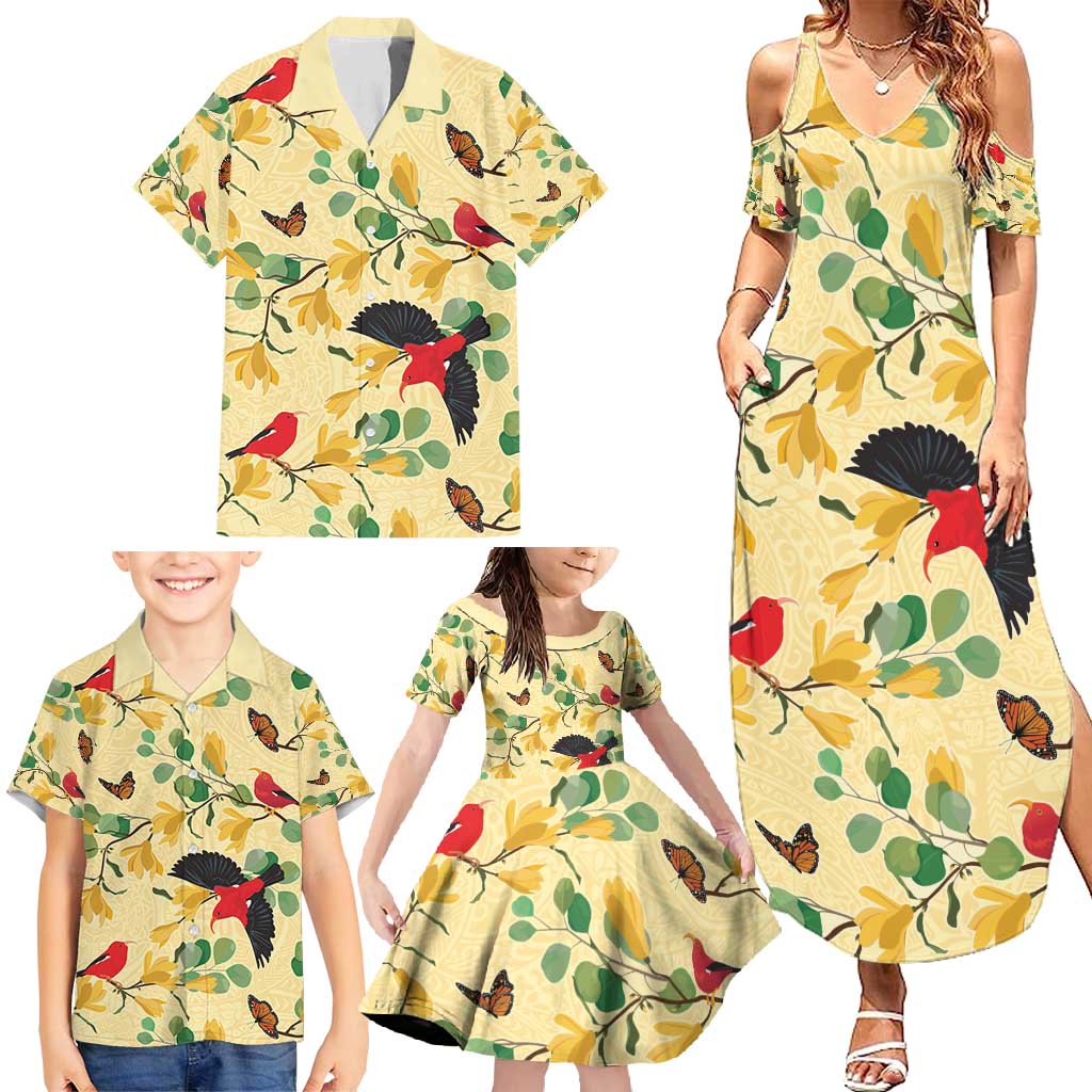 Aloha Hawaii Family Matching Summer Maxi Dress and Hawaiian Shirt I'iwi on Mamane Pastel Cream