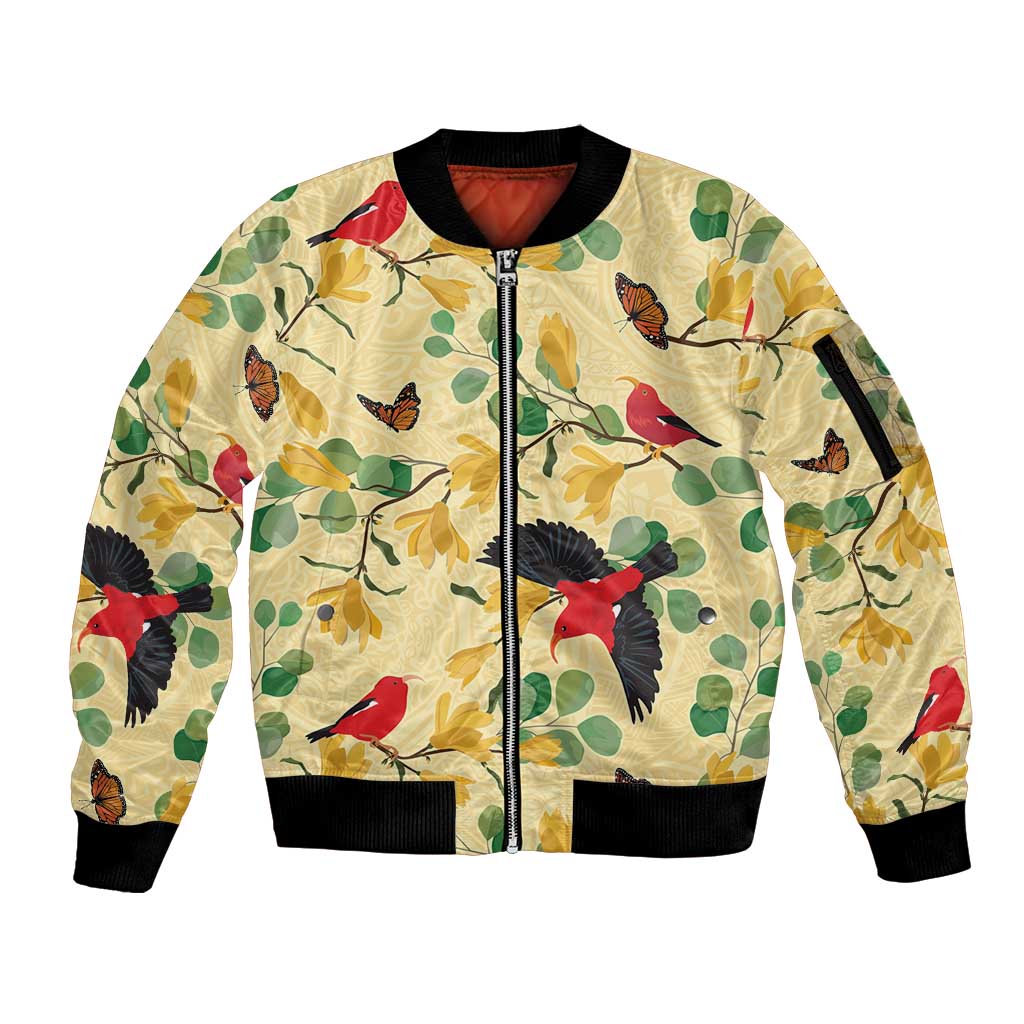 Aloha Hawaii Sleeve Zip Bomber Jacket I'iwi on Mamane Pastel Cream