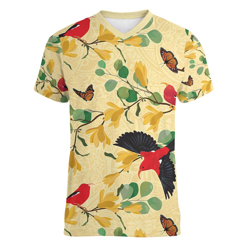 Aloha Hawaii Women V-Neck T-Shirt I'iwi on Mamane Pastel Cream LT7 Female Light Yellow - Polynesian Pride