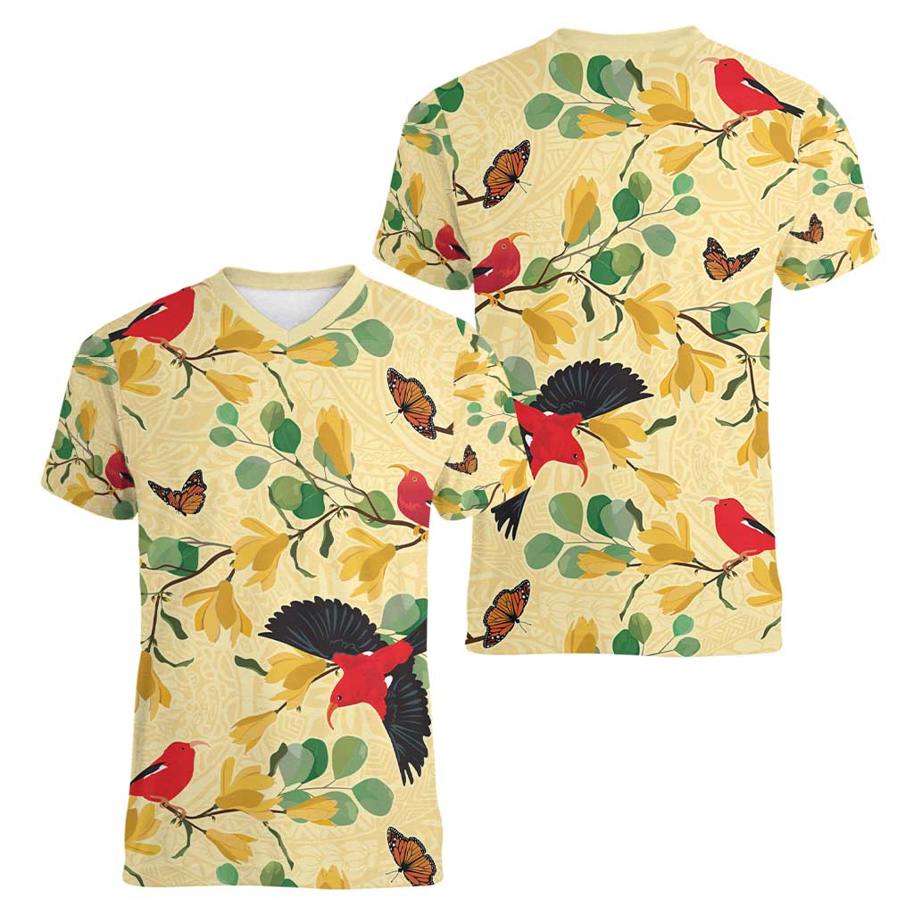 Aloha Hawaii Women V-Neck T-Shirt I'iwi on Mamane Pastel Cream LT7 - Polynesian Pride