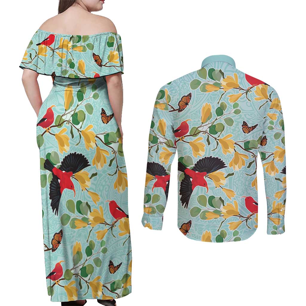 Aloha Hawaii Couples Matching Off Shoulder Maxi Dress and Long Sleeve Button Shirt I'iwi on Mamane Pastel Turquoise