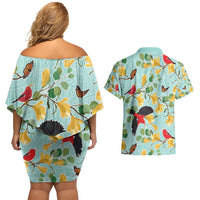 Aloha Hawaii Couples Matching Off Shoulder Short Dress and Hawaiian Shirt I'iwi on Mamane Pastel Turquoise