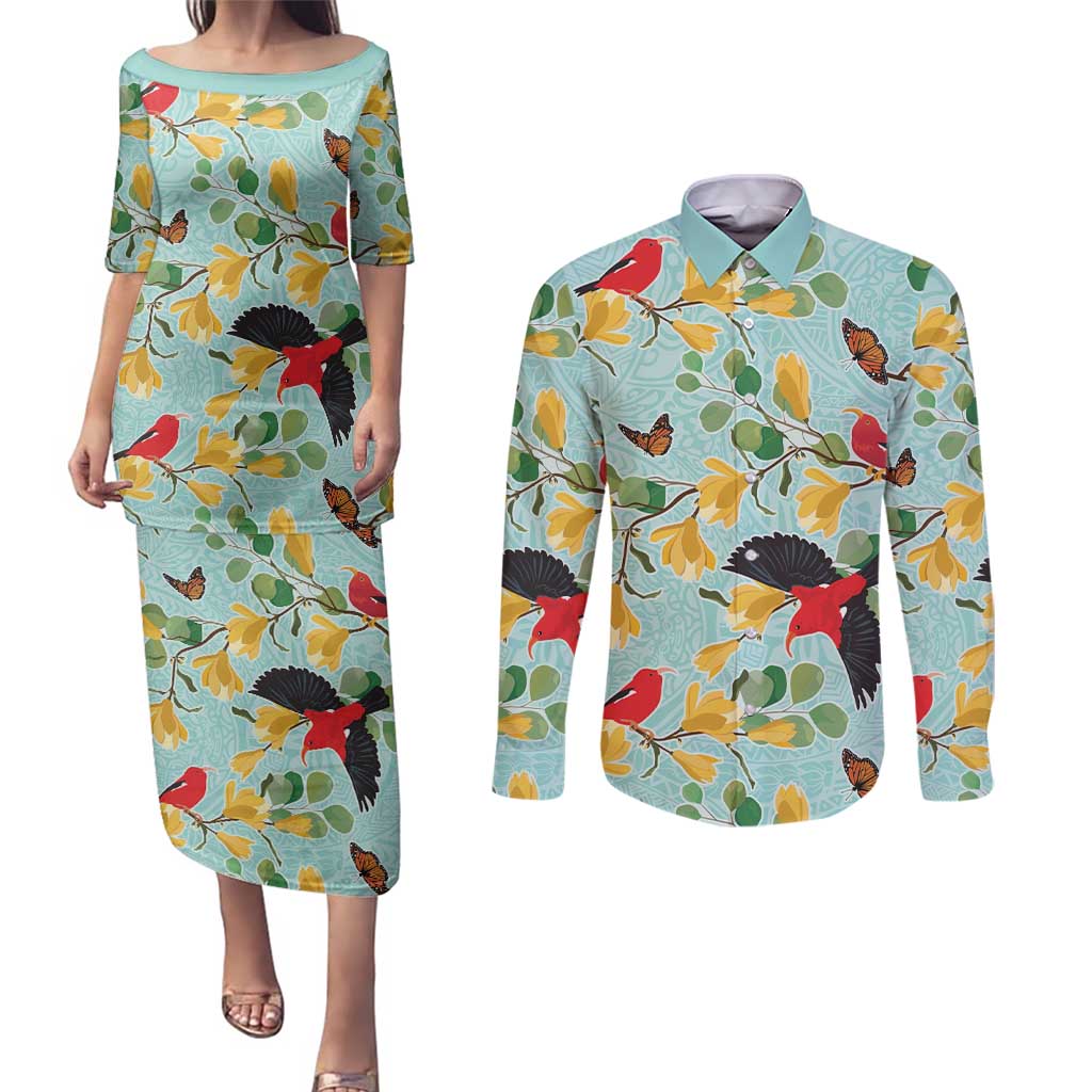 Aloha Hawaii Couples Matching Puletasi and Long Sleeve Button Shirt I'iwi on Mamane Pastel Turquoise