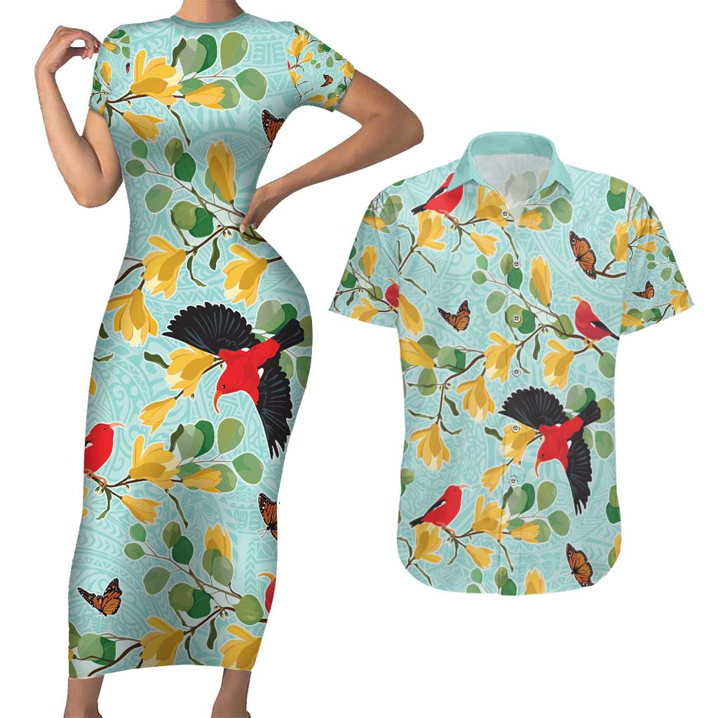 Aloha Hawaii Couples Matching Short Sleeve Bodycon Dress and Hawaiian Shirt I'iwi on Mamane Pastel Turquoise