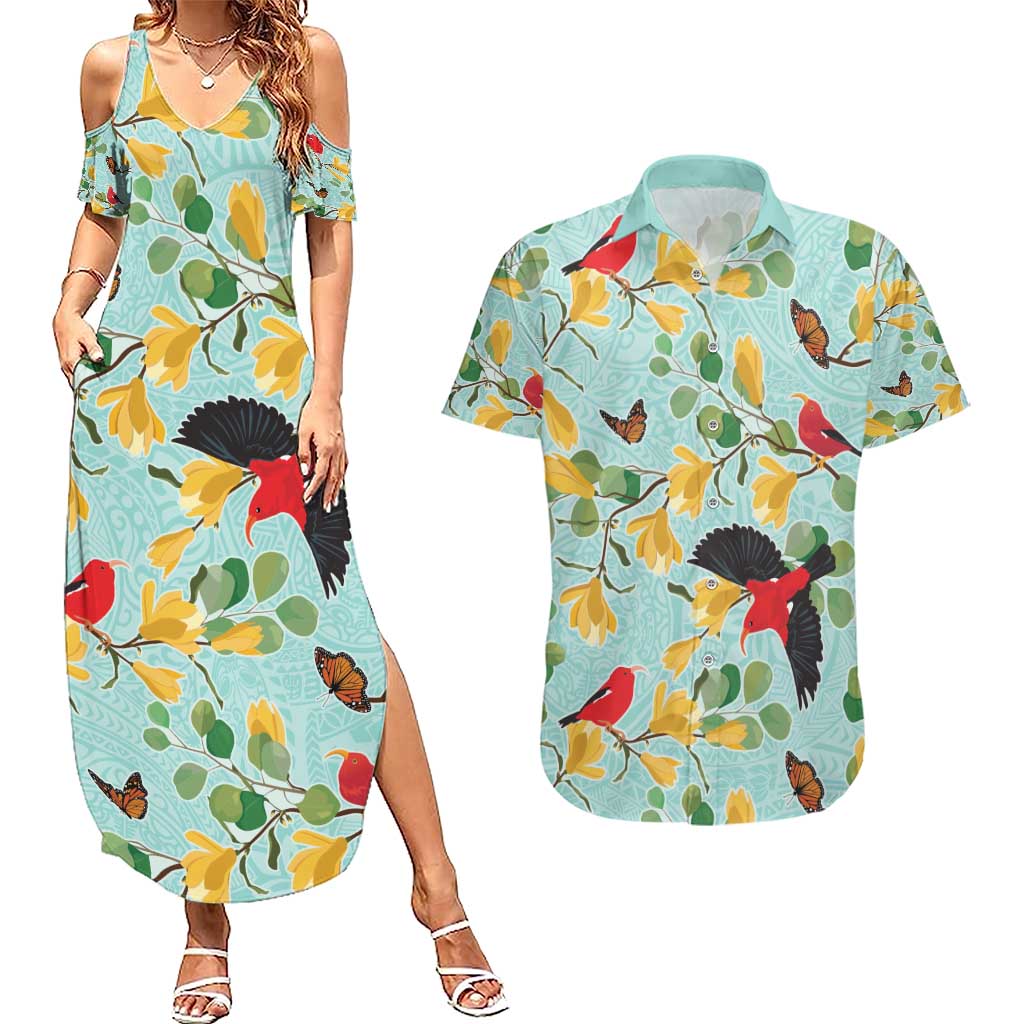 Aloha Hawaii Couples Matching Summer Maxi Dress and Hawaiian Shirt I'iwi on Mamane Pastel Turquoise