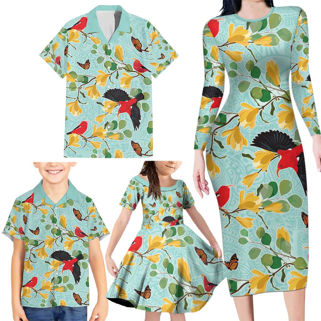 Aloha Hawaii Family Matching Long Sleeve Bodycon Dress and Hawaiian Shirt I'iwi on Mamane Pastel Turquoise