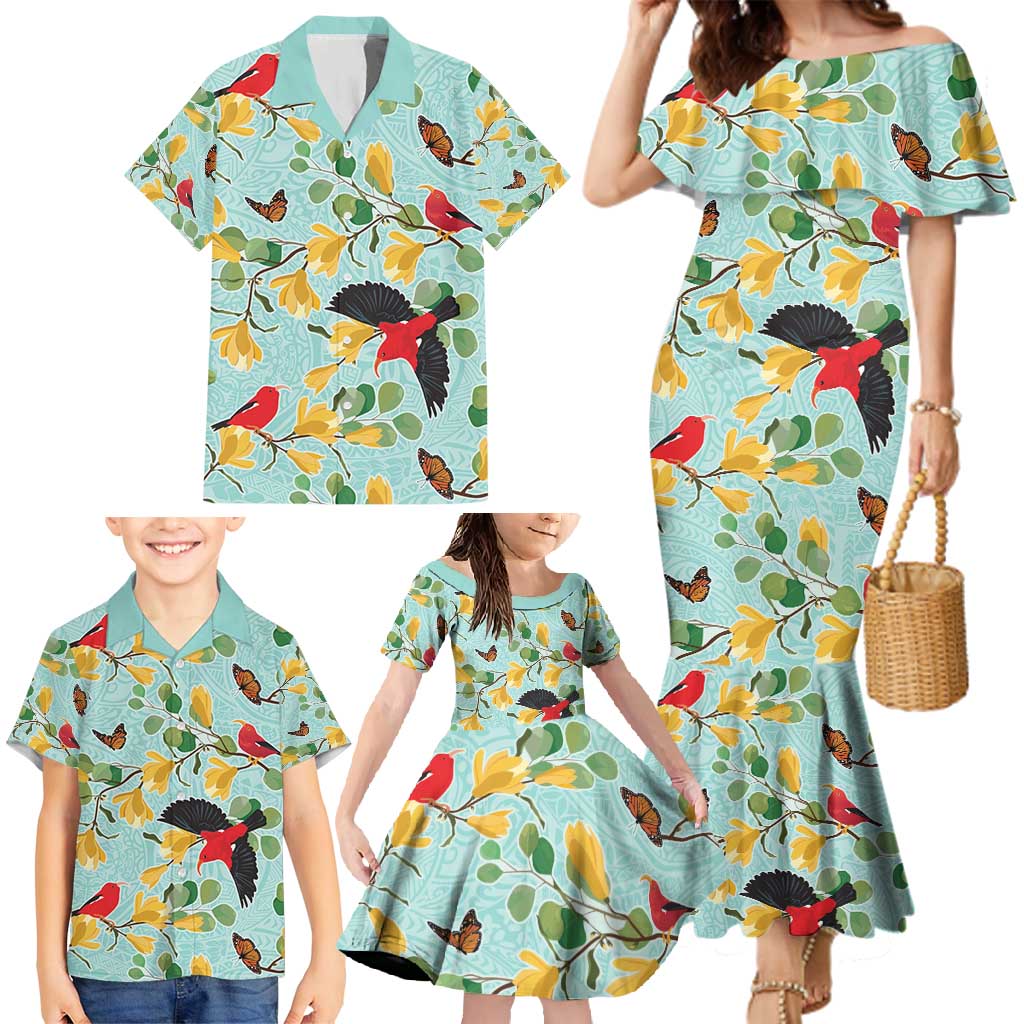 Aloha Hawaii Family Matching Mermaid Dress and Hawaiian Shirt I'iwi on Mamane Pastel Turquoise