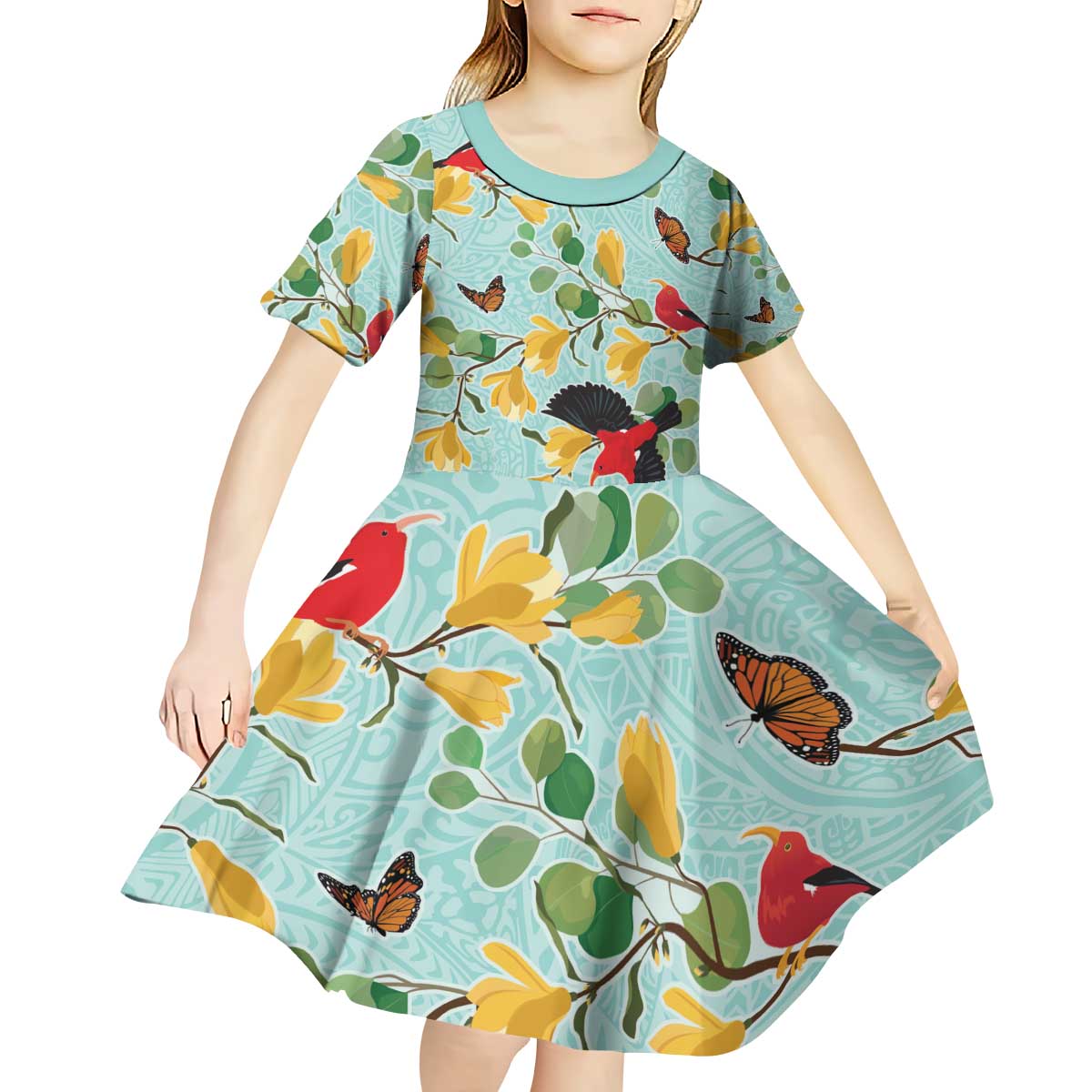 Aloha Hawaii Kid Short Sleeve Dress I'iwi on Mamane Pastel Turquoise