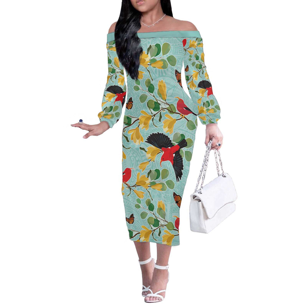 Aloha Hawaii Off The Shoulder Long Sleeve Dress I'iwi on Mamane Pastel Turquoise