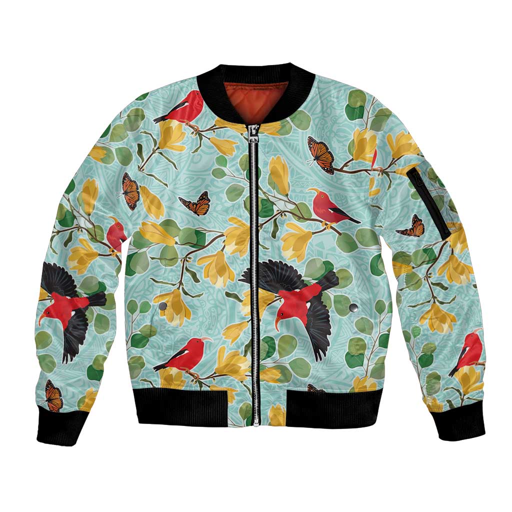 Aloha Hawaii Sleeve Zip Bomber Jacket I'iwi on Mamane Pastel Turquoise