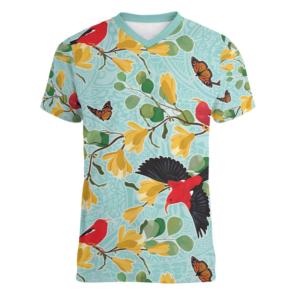 Aloha Hawaii Women V-Neck T-Shirt I'iwi on Mamane Pastel Turquoise LT7 Female Turquoise - Polynesian Pride