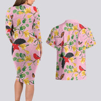 Aloha Hawaii Couples Matching Long Sleeve Bodycon Dress and Hawaiian Shirt I'iwi on Mamane Pastel Pink