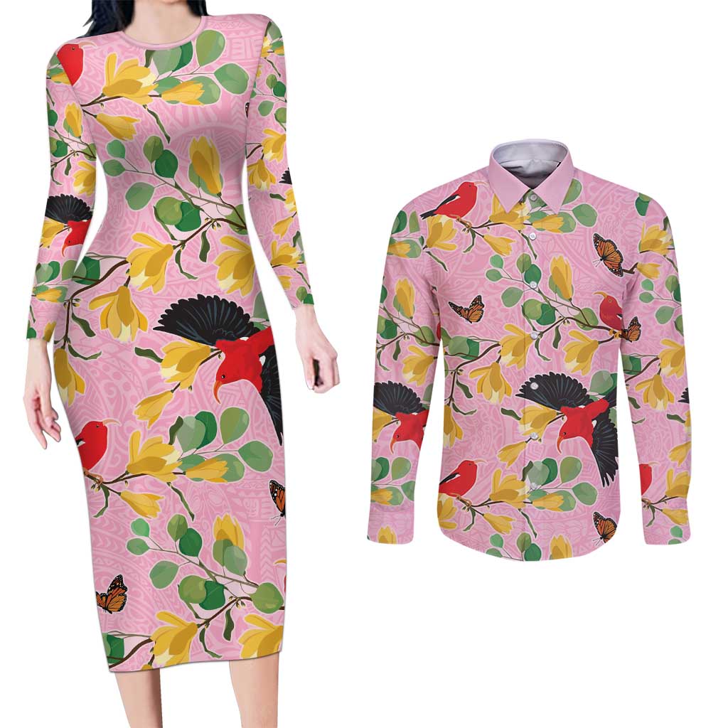 Aloha Hawaii Couples Matching Long Sleeve Bodycon Dress and Long Sleeve Button Shirt I'iwi on Mamane Pastel Pink