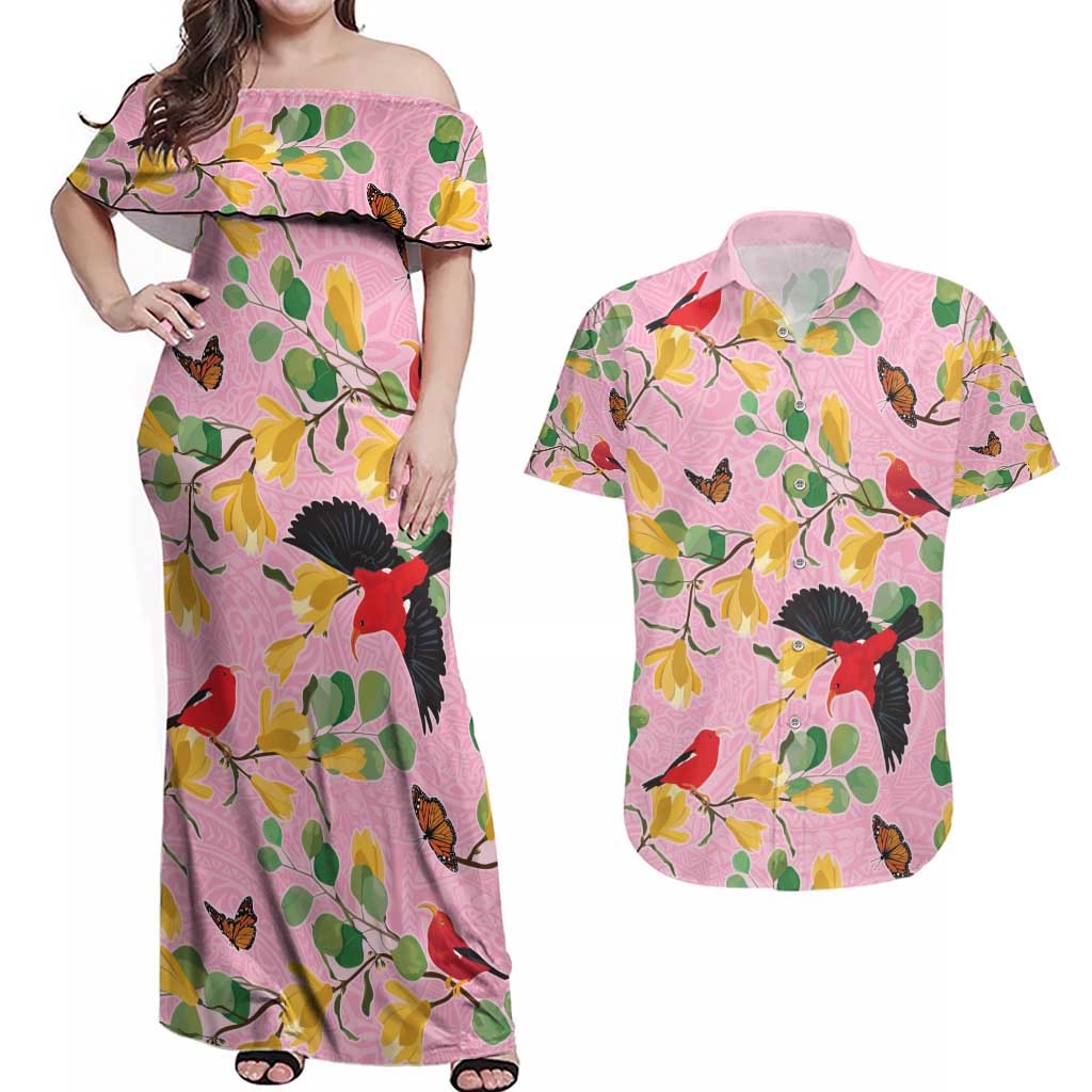 Aloha Hawaii Couples Matching Off Shoulder Maxi Dress and Hawaiian Shirt I'iwi on Mamane Pastel Pink