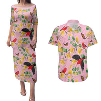Aloha Hawaii Couples Matching Puletasi and Hawaiian Shirt I'iwi on Mamane Pastel Pink